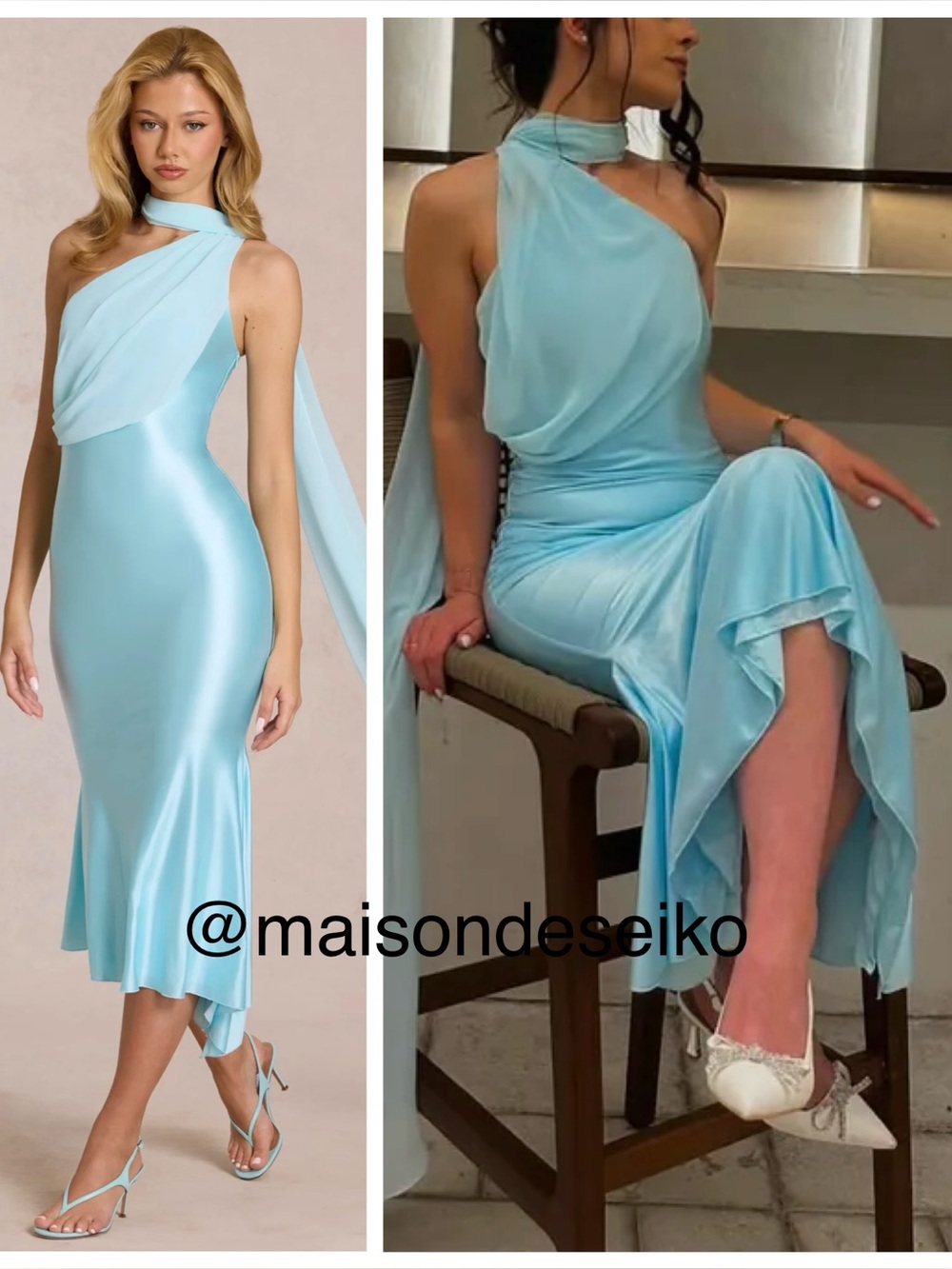 NEW Oh Polly Maxi Midi Dress Giada Aqua Blue Scarf One Shoulder size US 8